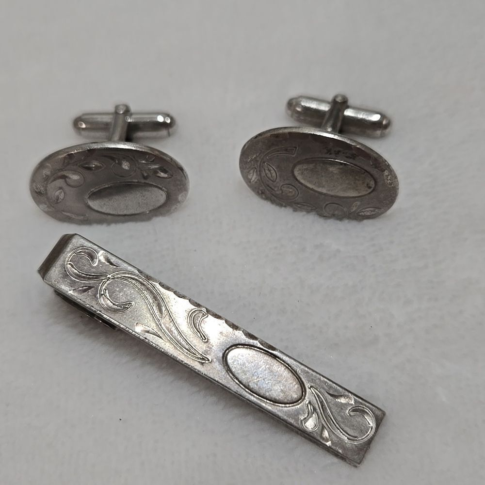 Vintage Sterling Silver Cufflinks and Tie Clip Set, 25.31g